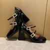 Fashion Women Double Buckle  Janes Shoes 2025 Spring New Patent Leather Dress High Heels Square Heel Thick Heel Diamond Single Shoes