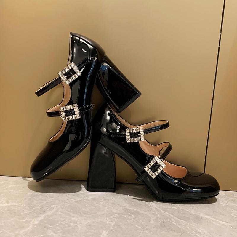 Fashion Women Double Buckle  Janes Shoes 2025 Spring New Patent Leather Dress High Heels Square Heel Thick Heel Diamond Single Shoes