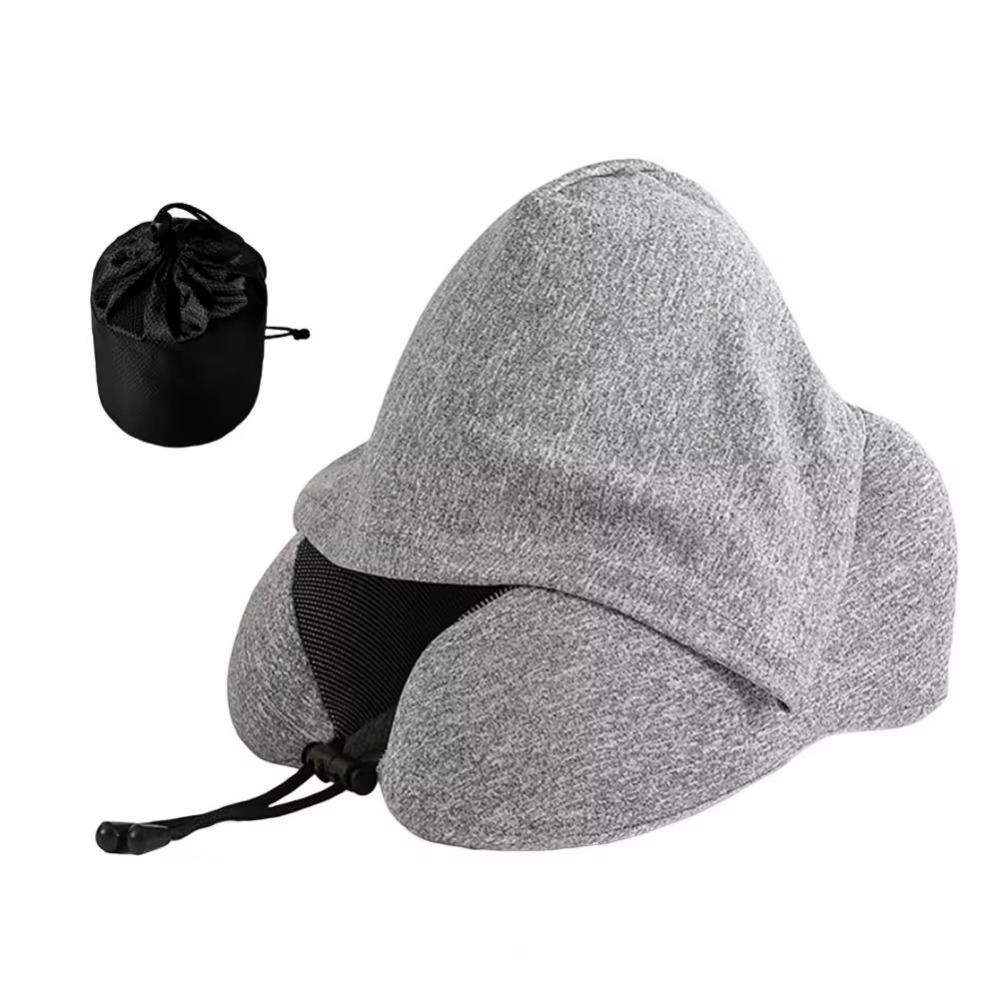 

Breathable Hooded Travel Pillow Adjustable Drawstring Travel Neck Cushion Office Nap серый