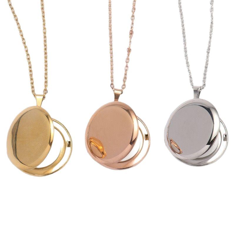 Stainless Steel Round Locket Necklace, Mirror Polished with Photo Holder, Smooth and Shiny Geometric Design