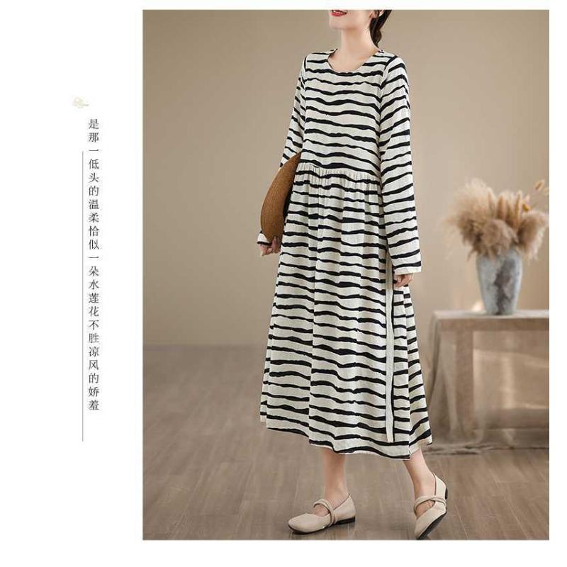 Striped Printed Round Neck Long Sleeve Tie Dress