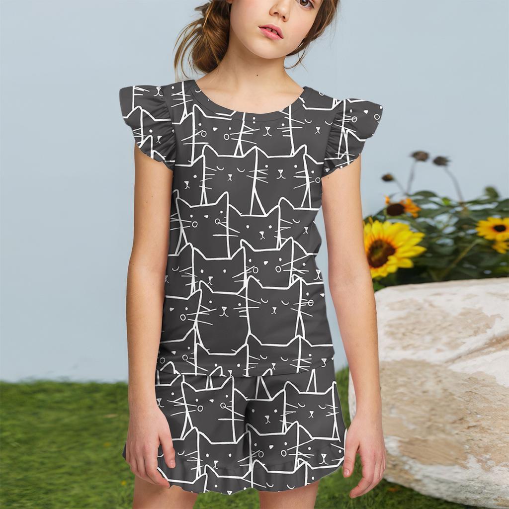 Summer Girls Cute Suit Flying Sleeves T-shirt Top + Ruffled Shorts Daily Outdoor Wear Cute Casual Fashion 2-Piece Set