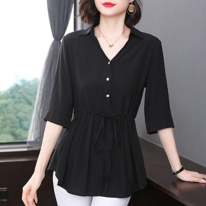 Women's Short Sleeved Shirt Mid Sleeved Summer Loose Top Black Plus Size Medium Long Shirt