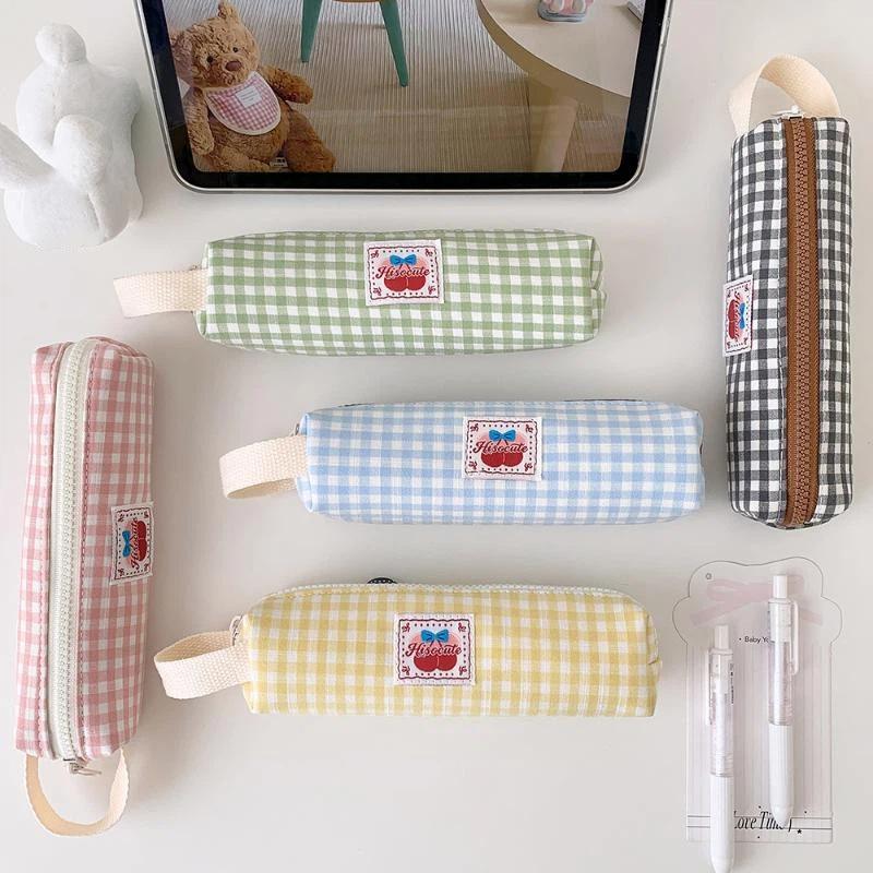Cute Plaid Large Capacity Pencil Case Pen Bag Kawaii Stationery Storage Bag Suitable For Back-To-School Season Girls