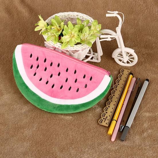 Watermelon Semicircle Short Plush Pencil Bag Stationery Storage Zipper Case
