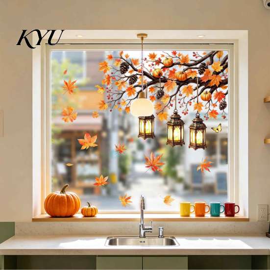 Autumn Scene Window Stickers Maple Leaf And Lantern Static Sticker, Double Sided PVC Waterproof Seasonal Art Decals, Removable Electrostatic