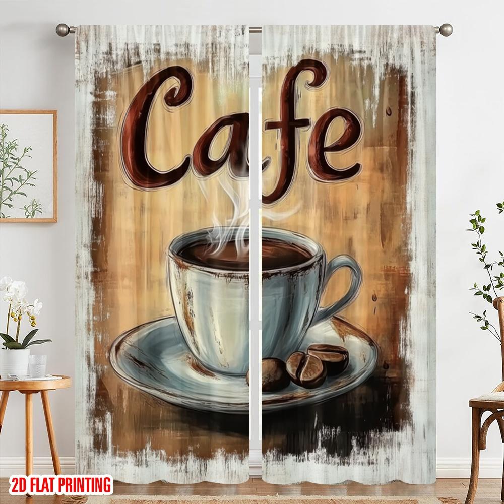 2pcs,2D plane printing Window Curtain Rustic Frame Polyester Fabric (without rod) Art Deco Festive Perfect for Living Room,
