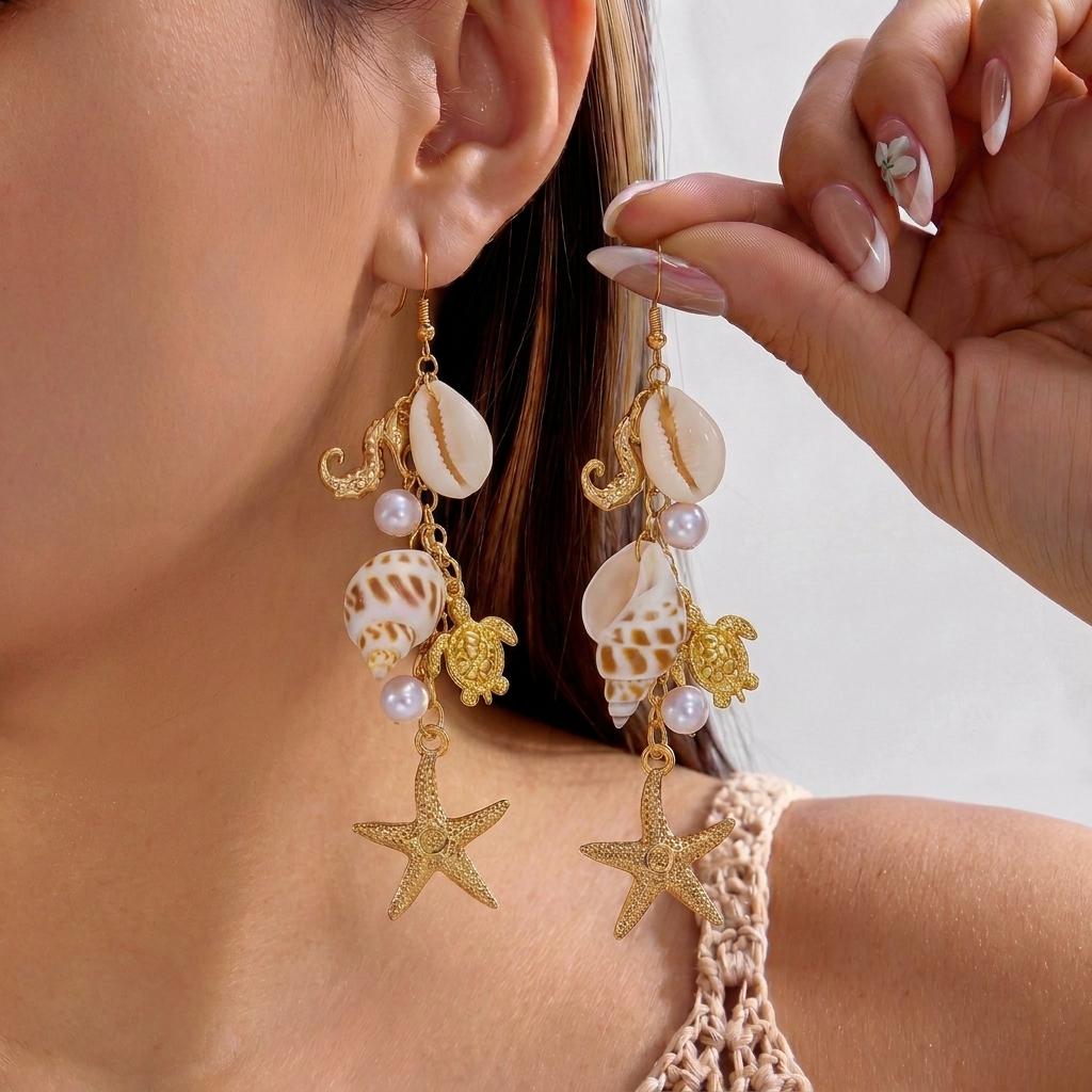 Orecchini Pendenti Serie Oceano Boho Stella Marina Capasanta Cavalluccio Marino per Donna Estate Spiaggia Tartaruga Perla Orecchino con Lungo Nappo Gioielli da Spiaggia