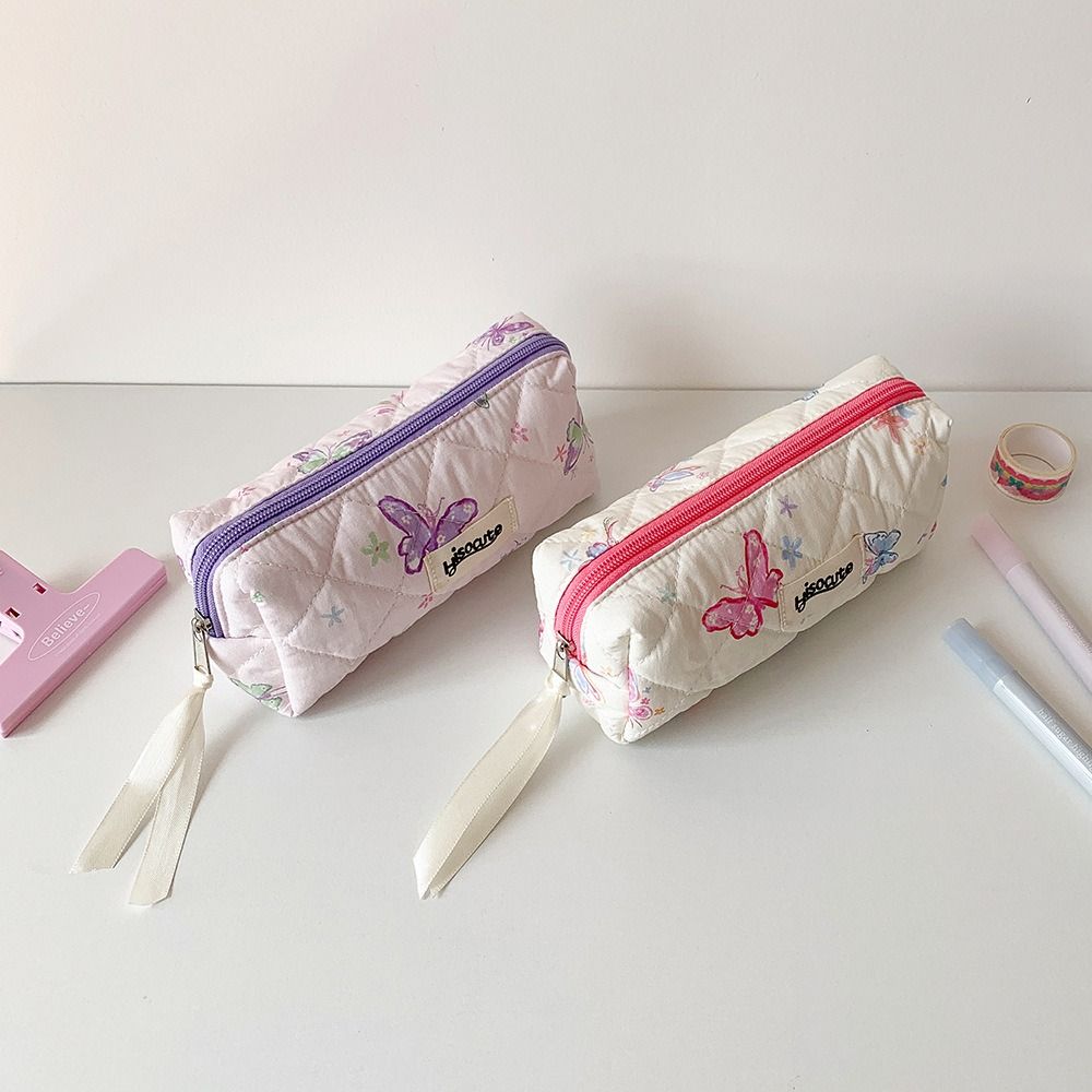 Quilted Pen Pouch Butterfly Printing Cosmetic Bag Fashion Pen Bag  Girls Gift