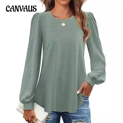 Women's Blouse Round Neck Small Eyelet Bubble Sleeve Long Sleeve Top