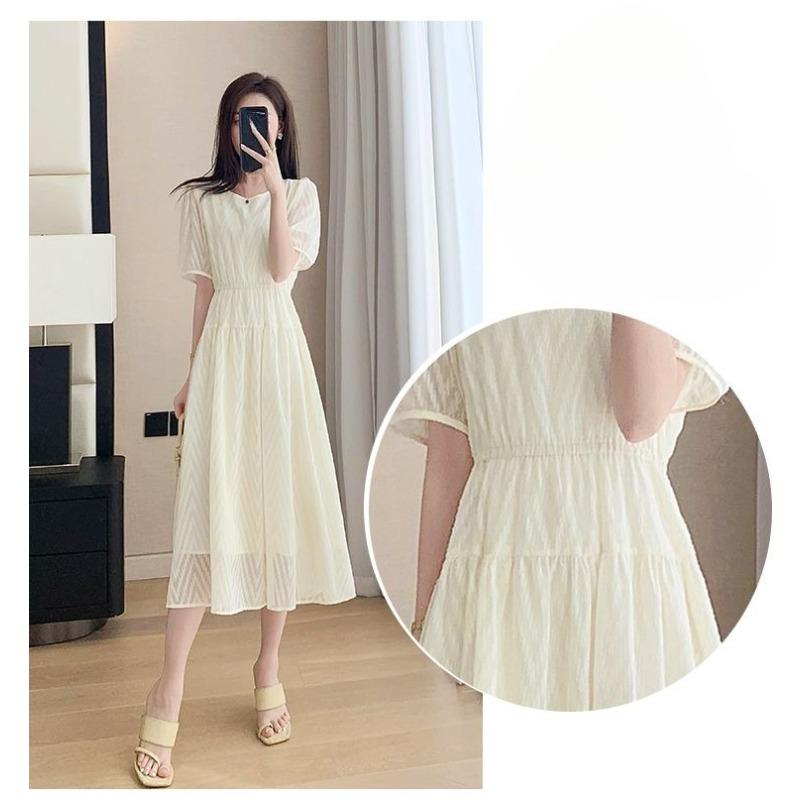 French Style Summer Dress for Petite Women Chiffon Slim Fit Round Neck Elegant Knee Length Flowy Dress