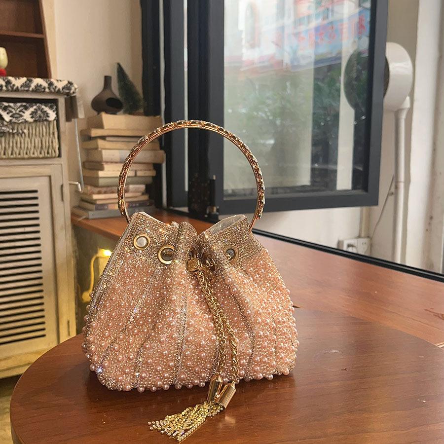 Luxus-Perlen-Eimer-Tasche Mode Kordelzug Party Abendtaschen für Damen Designer-Handtaschen und Geldbörsen Runder Griff Hochzeits-Clutch