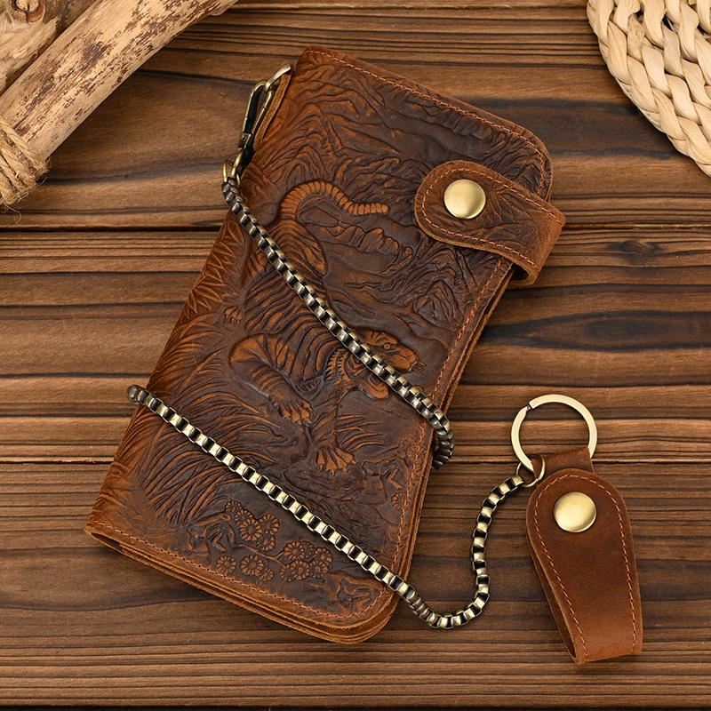 Newsbirds luxury designer men leather wallet 3D Tiger Dragon embossing cowhide men's wallet with iron chain high fashion