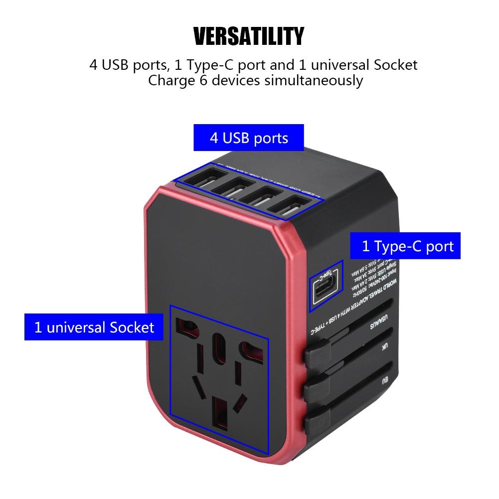 Universal Travel Adapter Plug 4 USB Ports Type C Sockets Converter for (Red)