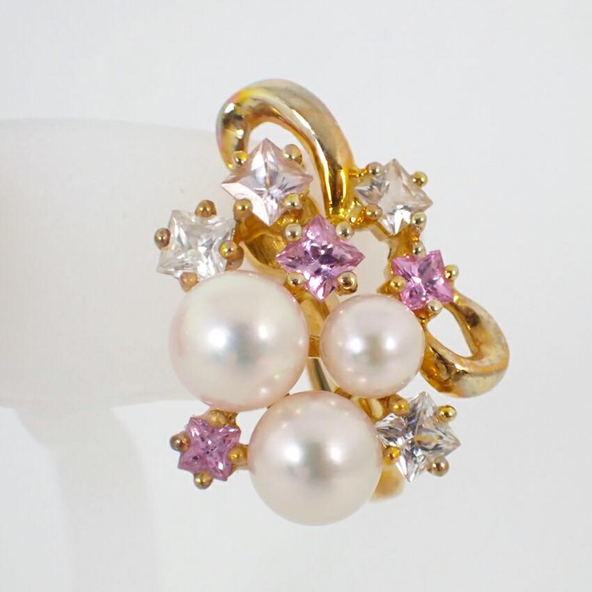 [Pre-owned] JUNET 750YG Akoya Pearl (Pink White Pearl) Pink/White Sapphire Earrings/j54-4