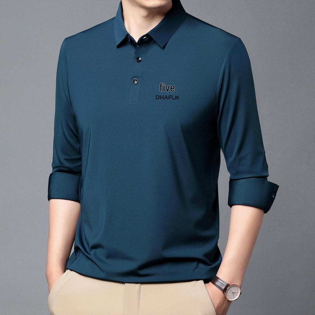 New Autumn Seamless High Elastic Long Sleeve Men's Business Casual Polo Shirt