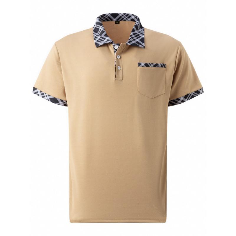 Herren Casual Colorblock Karomusterbesatz Kurzarm Poloshirt mit Brusttasche