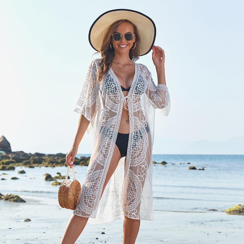 

Пляжная сексуальная ажурная блузка-бикини, длинный кружевной кардиган-солнцезащита One Size белый