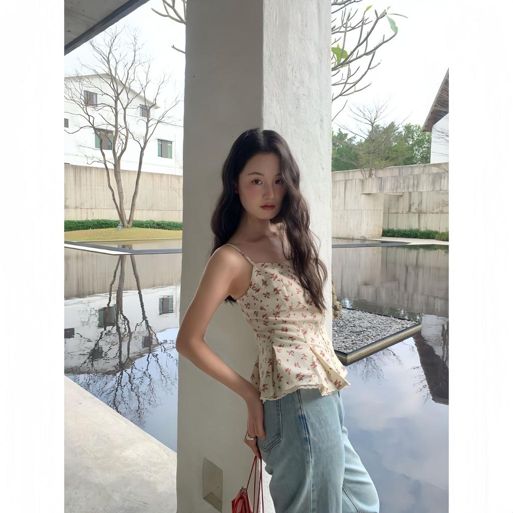 Summer French design waist floral sling vest women's outer wear S