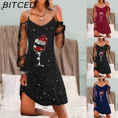 Women's Fashion Spring Autumn Solid Color Print Long Sleeve V-Neck High Waist Casual Dresses