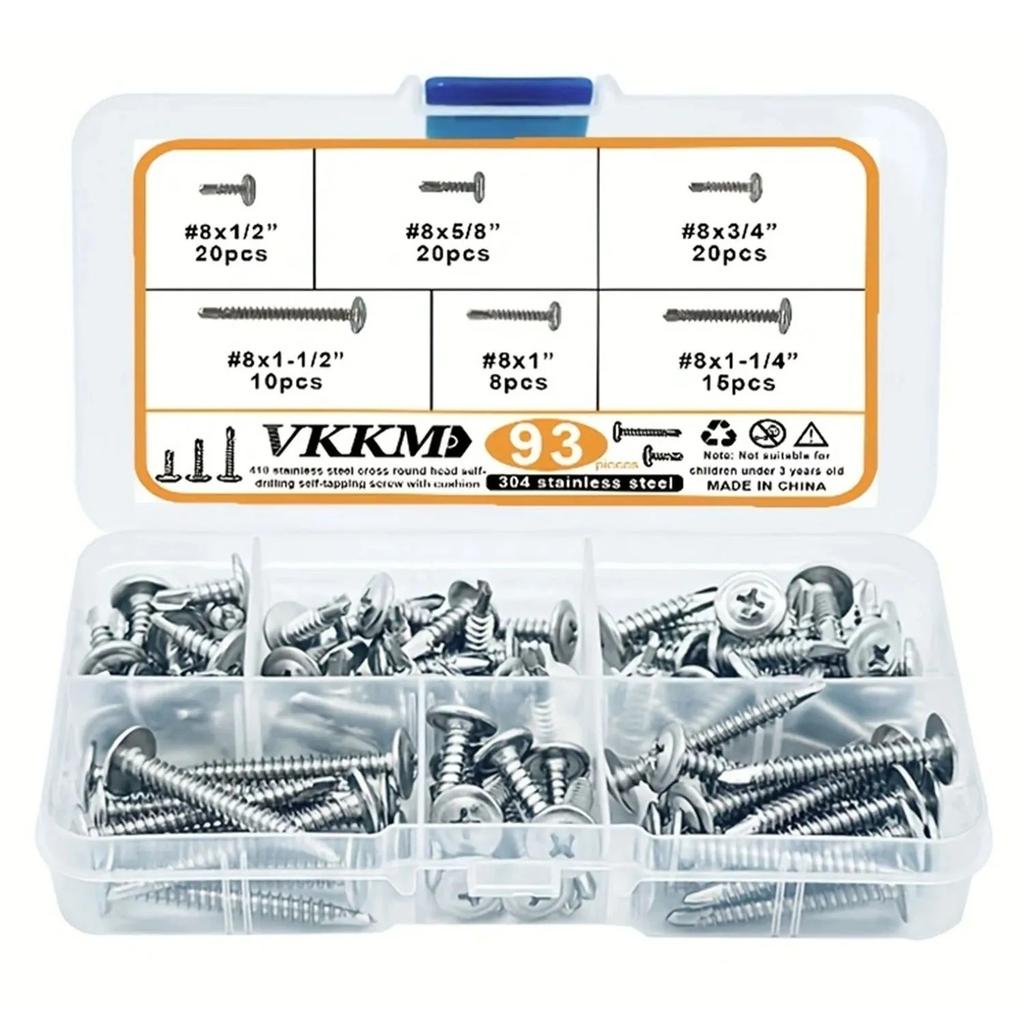 VKKM 60/93Pcs # 8 M4.2 Half Round Head Cross Tail Drill Self Tapping Screw-410 Stainless Steel, Used for Metal Plates