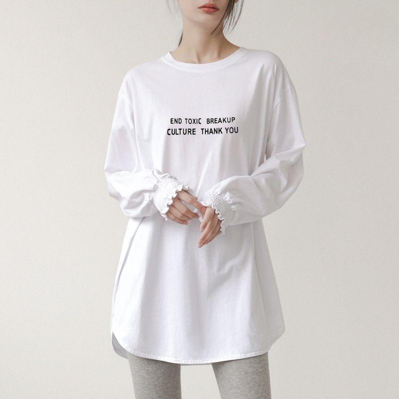 Chic White Long Sleeve Tee with Curved Hem and Cinched Cuff Closure Tops