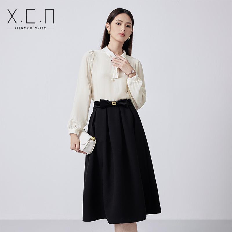 

Женский весенний комплект из профессиональной рубашки и юбки Xiangchunniao - элегантный деловой наряд для официальной работы и собеседований XL бежевый/чёрный