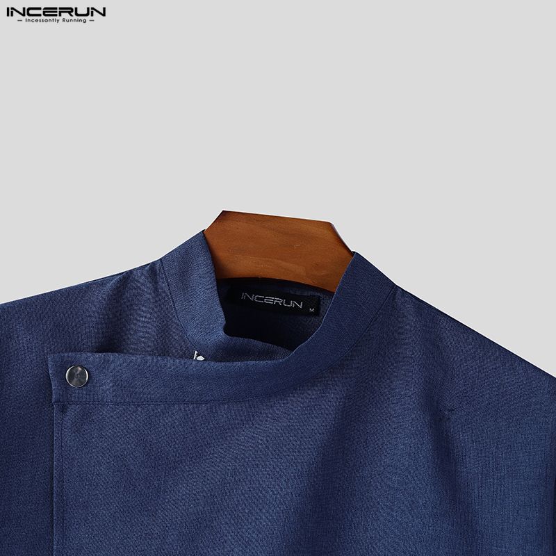 Summer Incerun Men Stand Neck 34 Sleeve Irregular Hem Print Casual Shirts
