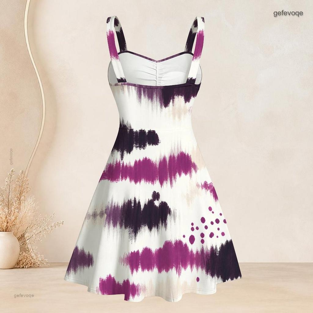 Women Plus Size White Purple Printed Sleeveless Strappy Dress Square Neck Fitted Waist Flared Hem