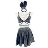Sexy Cosplay Lingerie 3 Pieces Set Shiny Metallic Metal Chain Bandage Bra Top Elastic Waist Pleated Mini Skirt with Headband