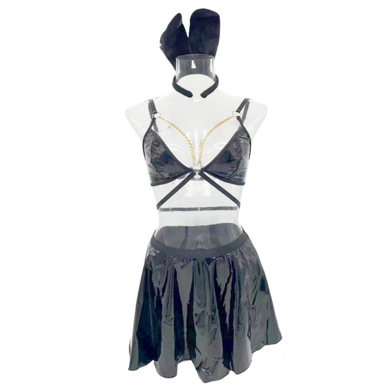Sexy Cosplay Lingerie 3 Pieces Set Shiny Metallic Metal Chain Bandage Bra Top Elastic Waist Pleated Mini Skirt with Headband