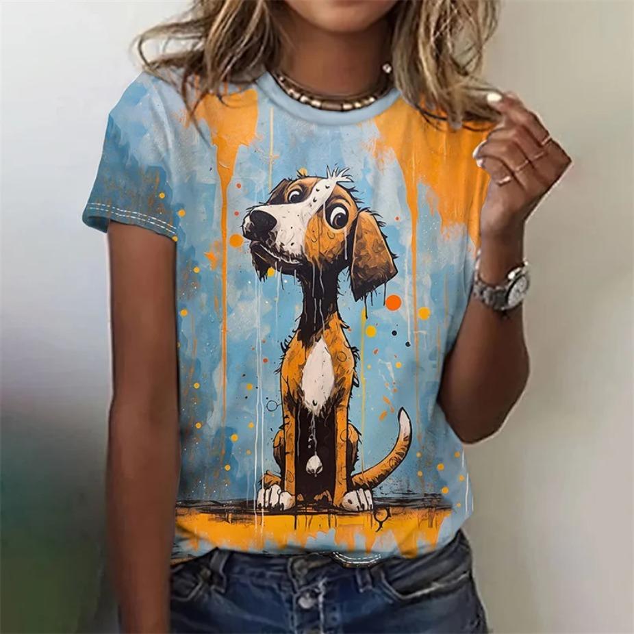

Summer Round Neck 3D Kawaii Dog Print Top Fashionable Casual Short Sleeved Women s T-shirts M