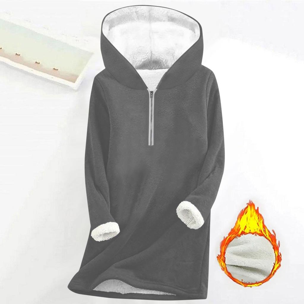 Fashionable women's fleece hooded solid color zipper long-sleeved top