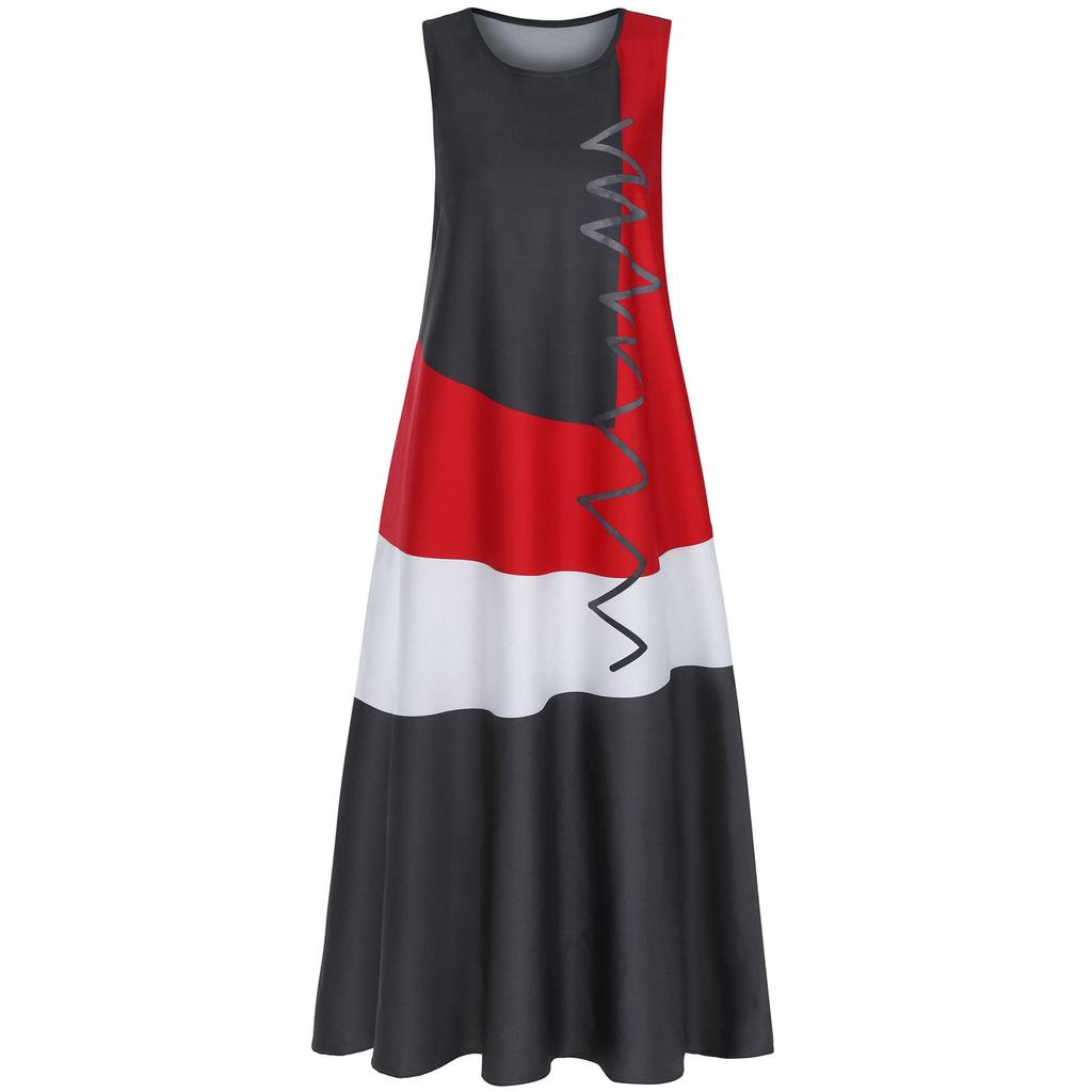New Women's Retro V-Neck Sleeveless Printed Summer Dress with Pockets, Style 9333