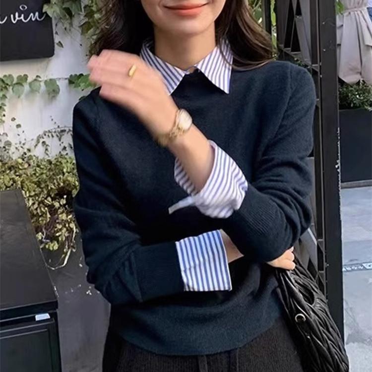 Women's Color Block Two-Piece Shirt Collar Sweater - Lazy Style Autumn Grey Knitwear Set