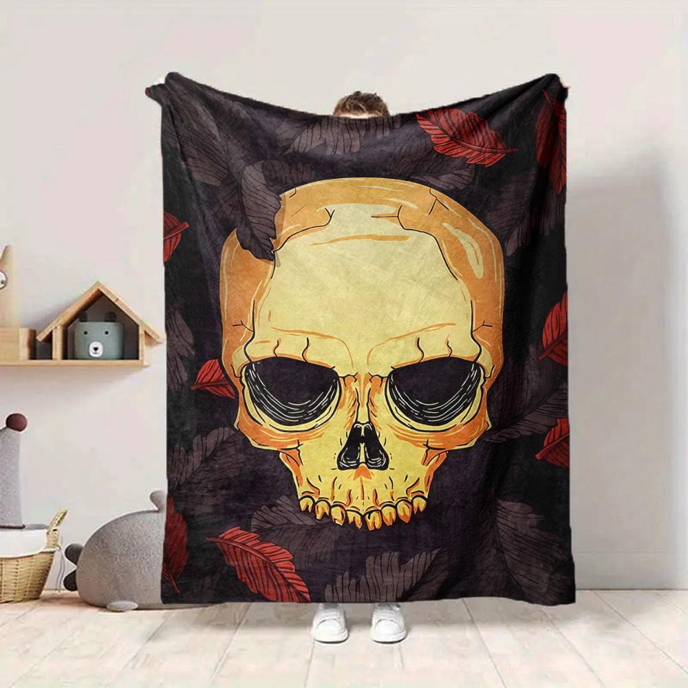 1PC Skull, Leaves Print Blanket, Soft Throw Blanket - Warm & Cozy for Couch, Bed, Office, and Travel Yy250912209