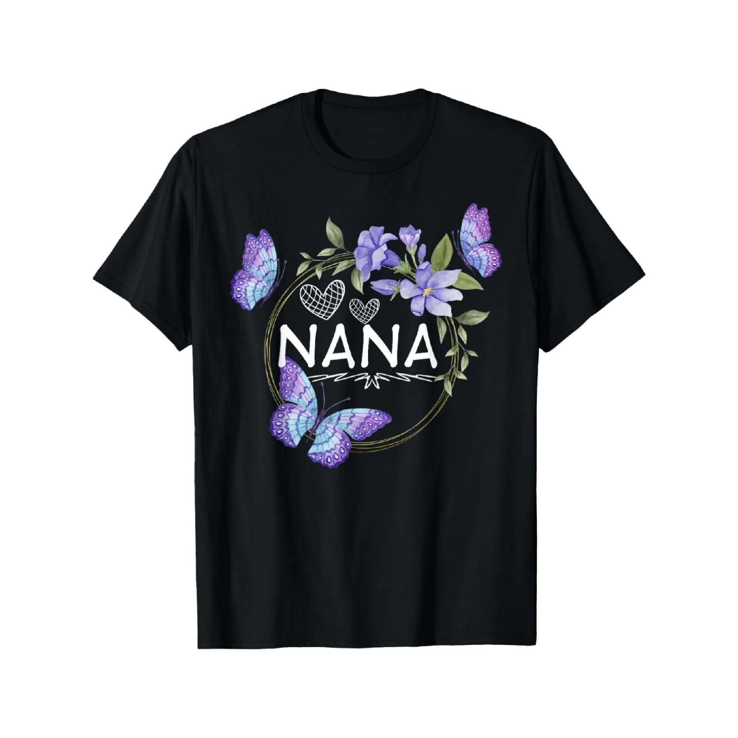 

Nana shirt For Women with butterflies Mother S Day T-Shirt Print Women Crew Neck T Shirt S чёрный