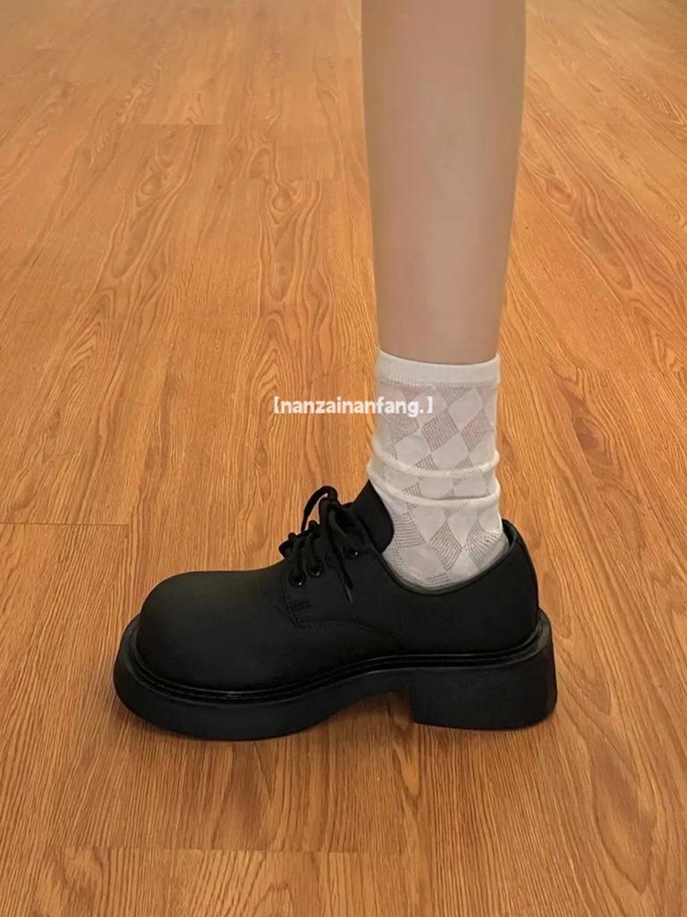 Lace-up Thick Heel British Style Platform Black Small Leather Shoes Women's 2025 New Summer Retro Versatile Round Head Derby Shoes