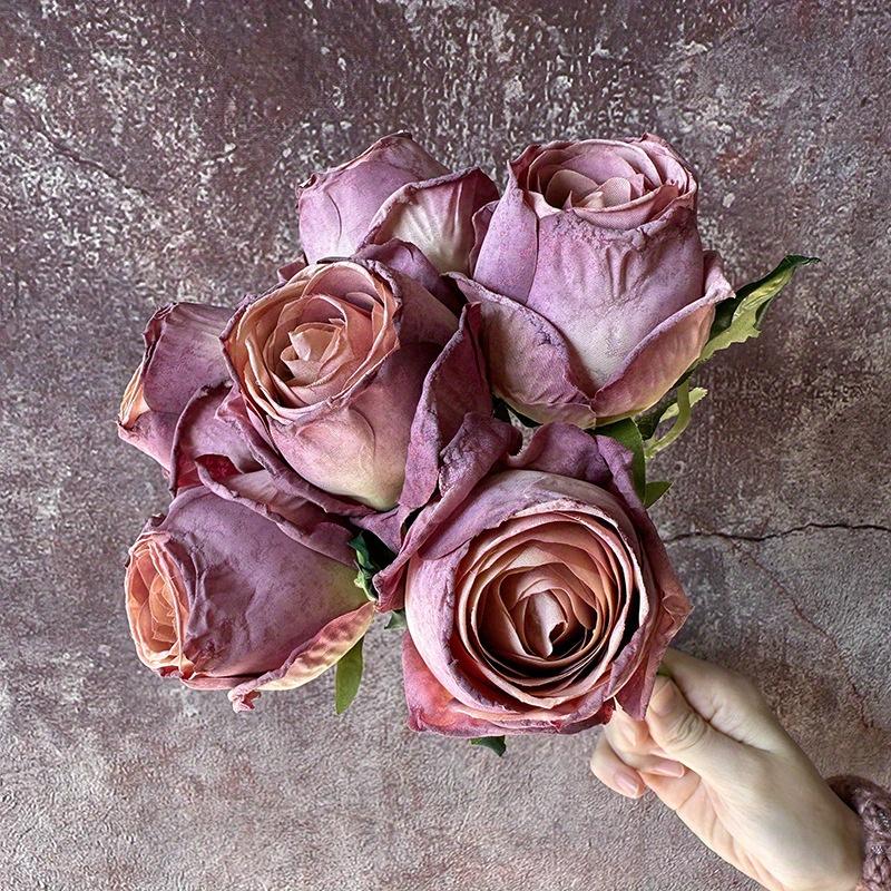 6pcs Dry Burned Roses, Artificial Rose Bouquet,Faux Floral Arrangement for Wedding Party Living Room Vase Table Centerpiece Arrangement Garden Decor