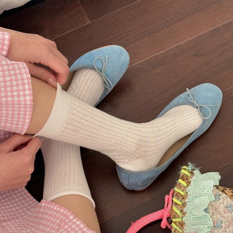 Thin Vertical Striped Mid-calf Socks for Summer, Sweat-absorbing Solid Color Socks, Simple Boneless Pile Socks for Women