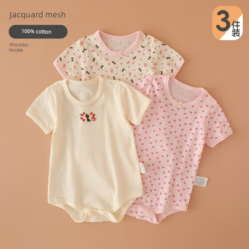 Japanese-Style Baby Romper, Pure Cotton, Thin, Breathable Mesh, Short-Sleeve Jumpsuit for Baby Girls, Summer
