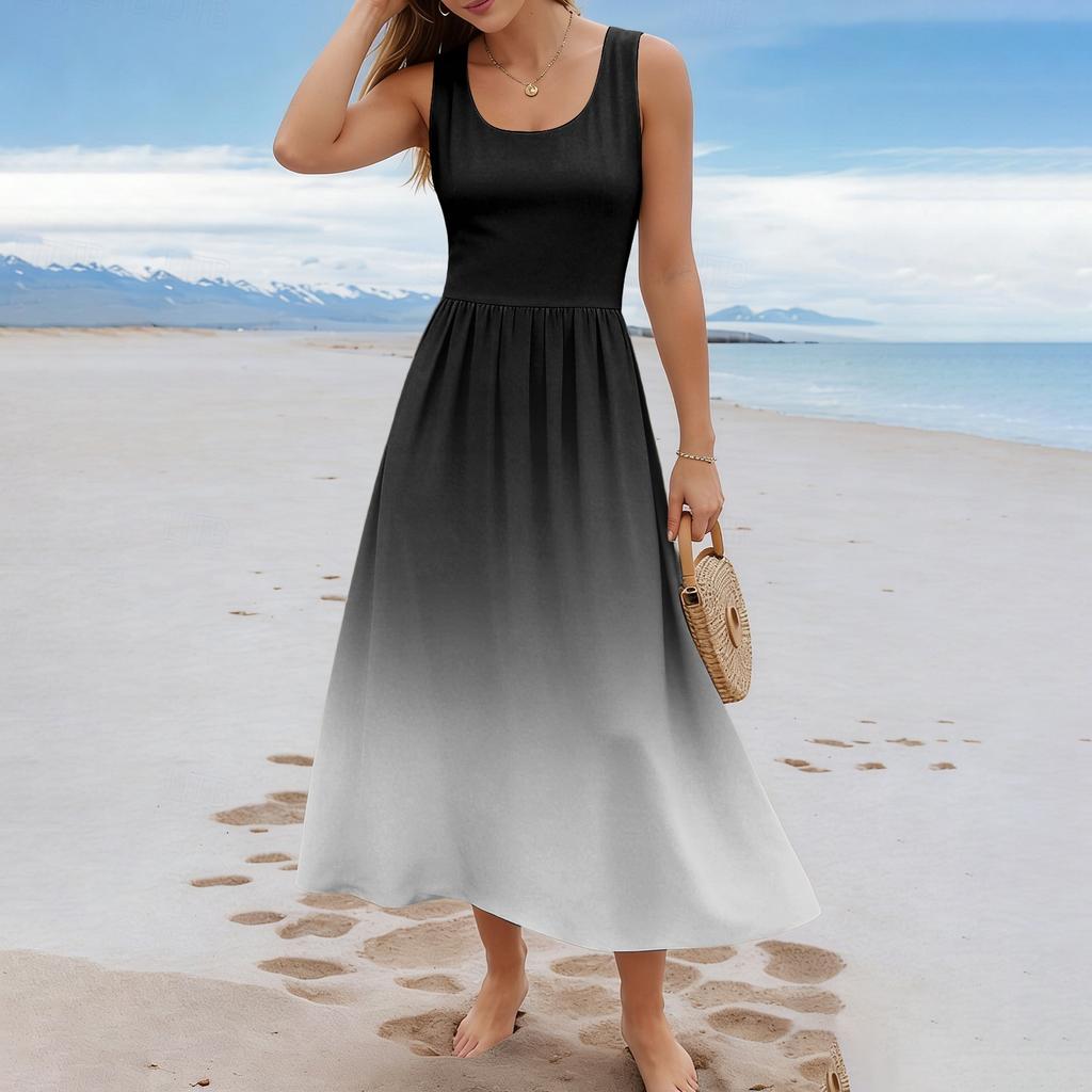 Ladies' gradient printed summer casual and fashionable sleeveless long dress