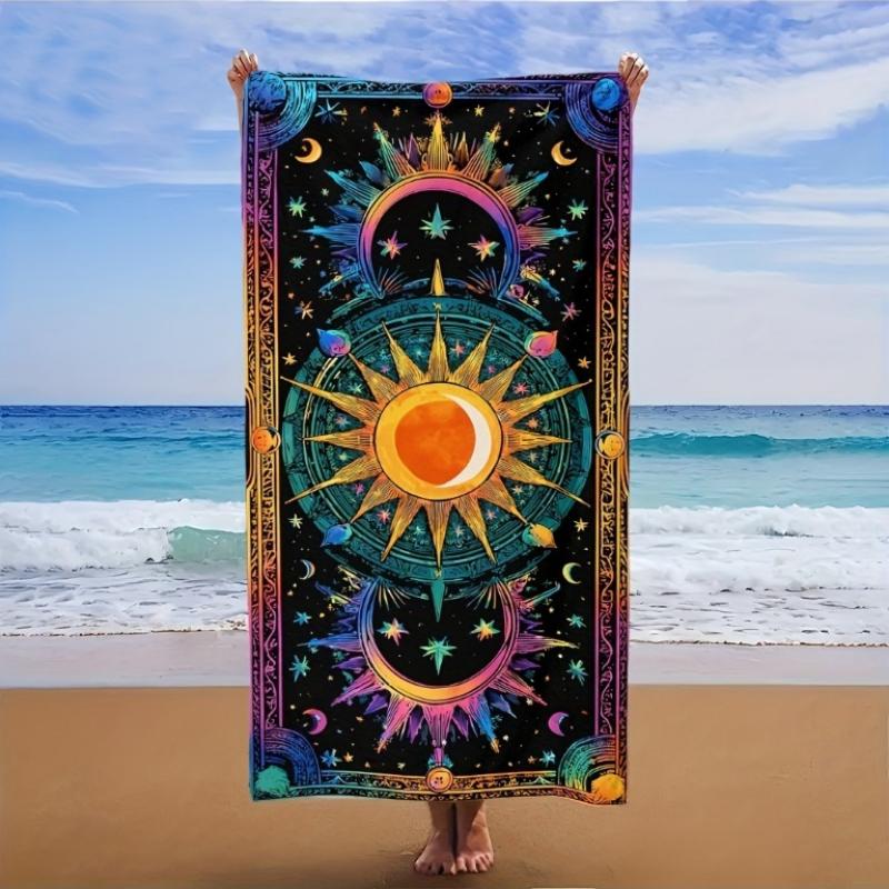 1pc Bohemian Sun, Moon & Starry Night Beach Towel - Ultra-Soft Microfiber Quick-Dry Large Rectangular Bath Towel with Vibrant W40*H60(CM)