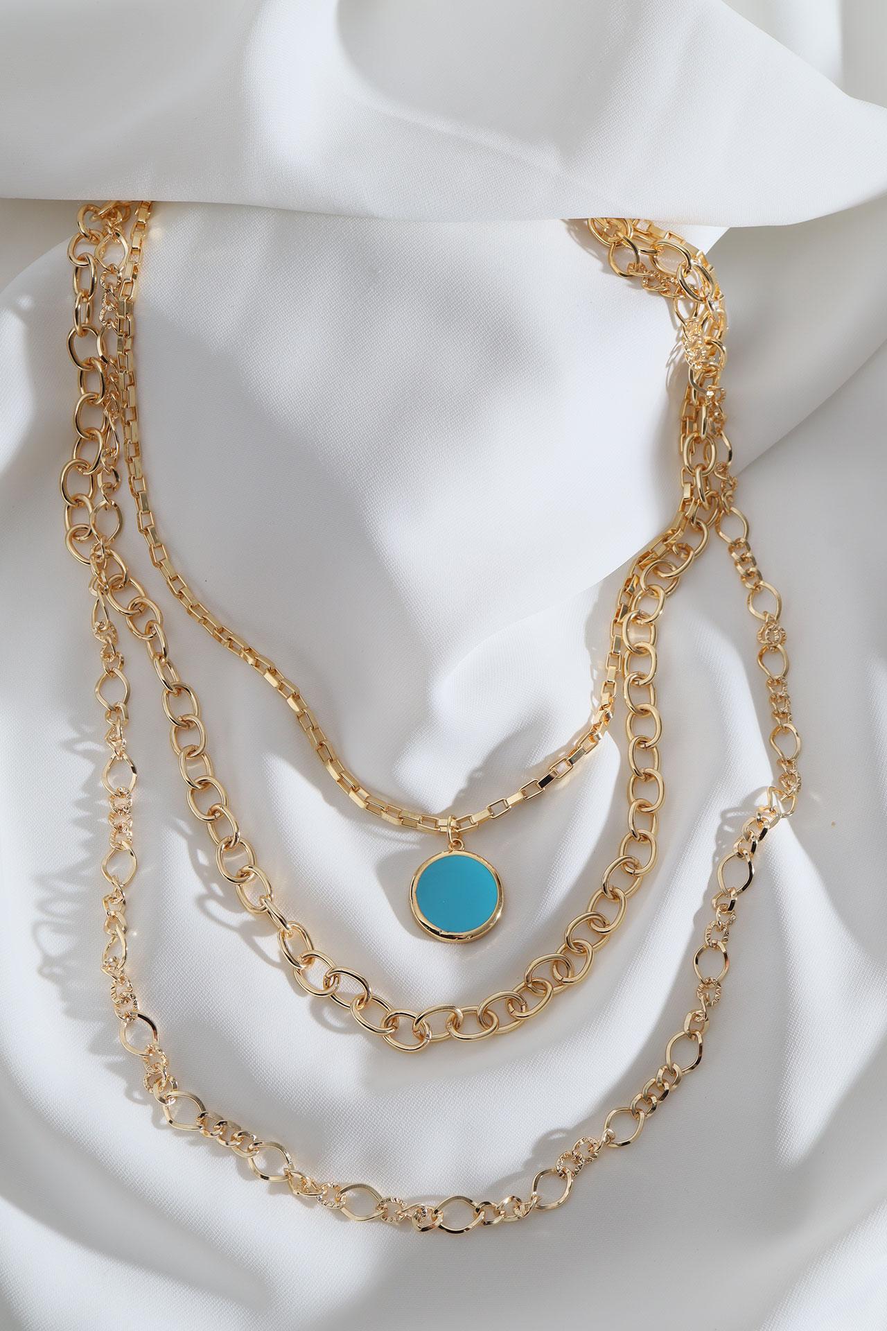 

Набор из 3 круглых золотых подвесок с синей эмалью и ожерелья-цепочки