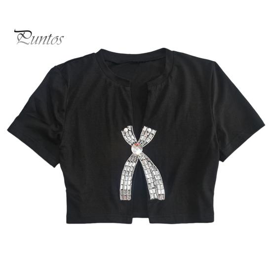 

Летние сексуальные укороченные топы с бантом, горячая дрель, декор, пупок с открытым разрезом, дизайнерская футболка, женские топы с короткими рукавами S чёрный