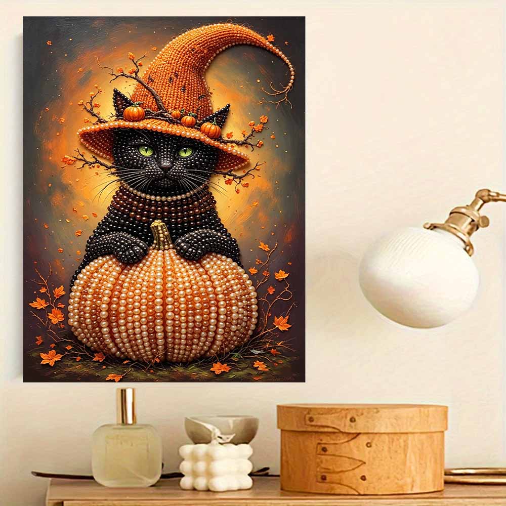 Frameless Pearl Bead Painting Kit Black Cat Pumpkin Autumn Design DIY Handmade Craft Canvas for Modern Home Wall Decor Art