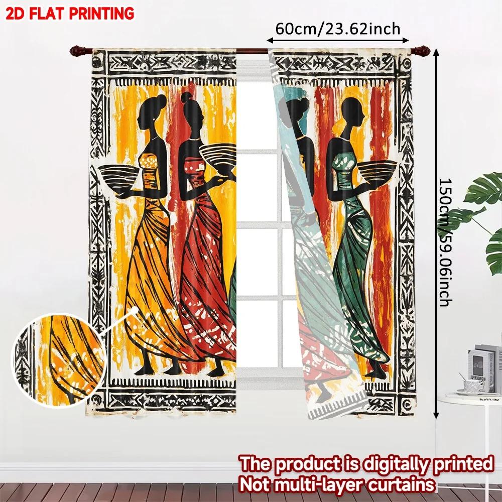 Bohemian Ethnic Women Silhouette Curtains Flat Digital Print Warm Gradient Color Decorative Border Style Room Set Of 2 Made Polyester