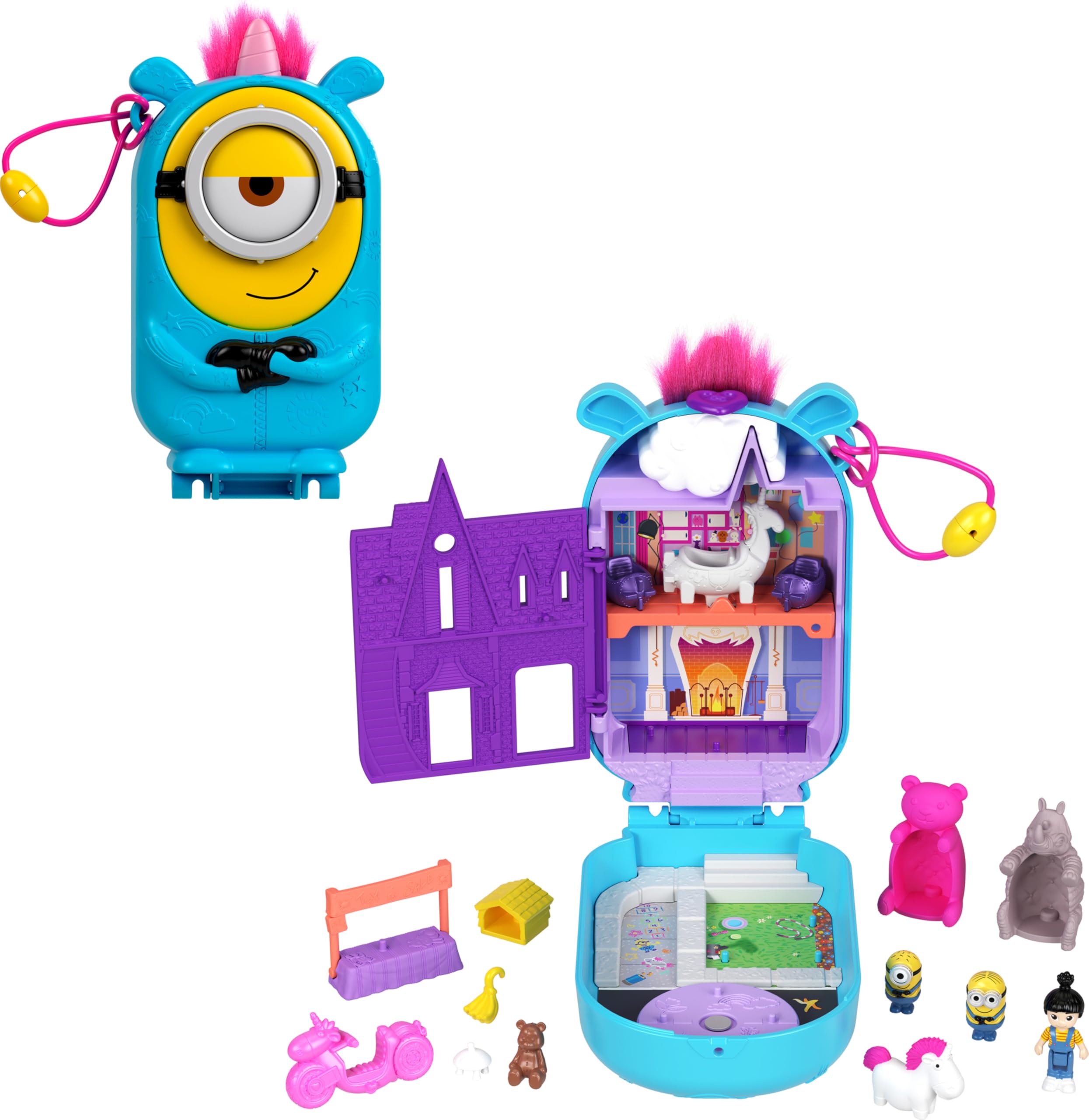 

Игровой набор Polly Pocket & Minions с 1 куклой, 2 фигурками миньонов и игрушкой-пушистым единорогом, коллекционный компакт и 9 аксессуаров
