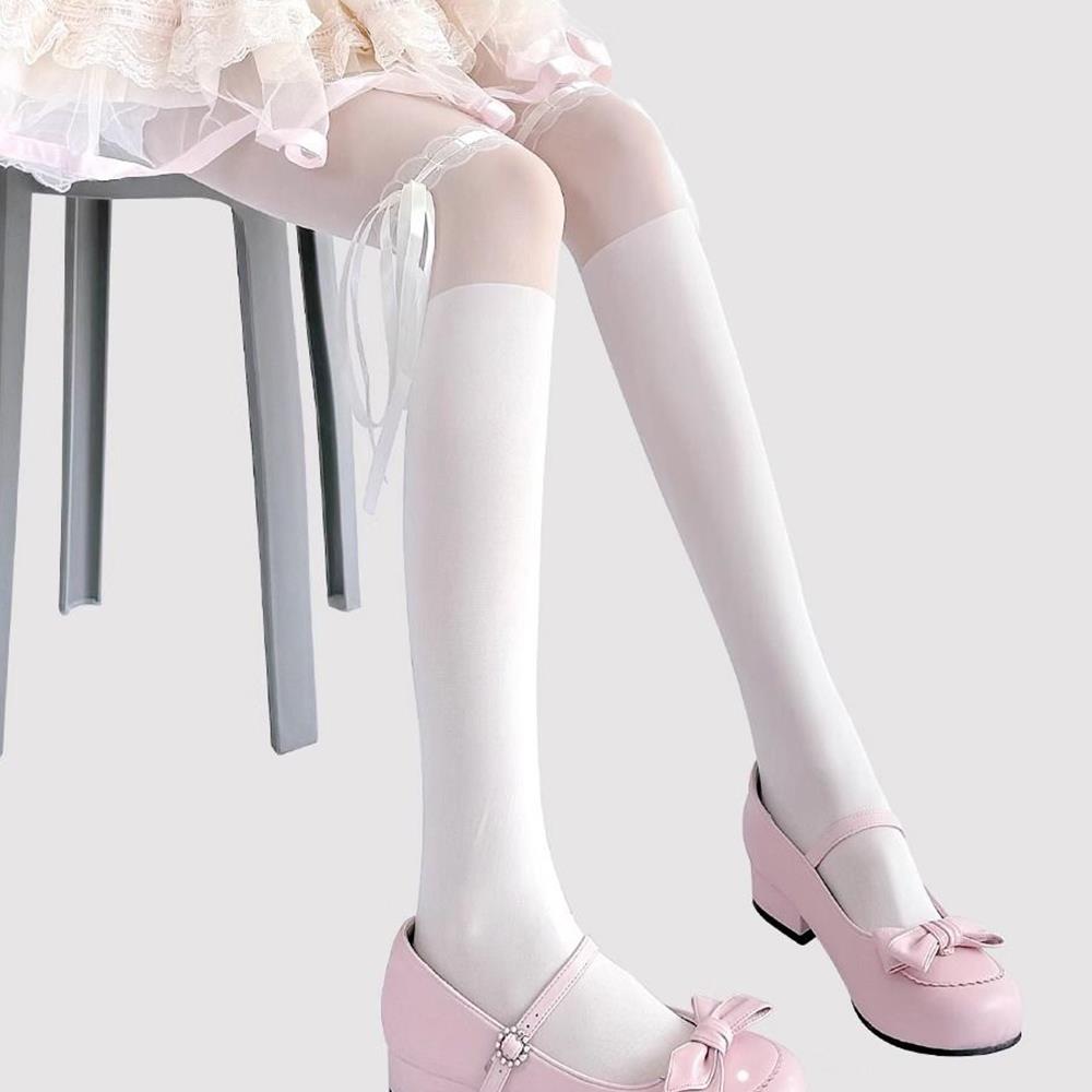 Women's Suspender Stockings with Lace Bows Japanese Lolita Hotsweet Thigh High Stockings Tights JK Style White Pantyhose