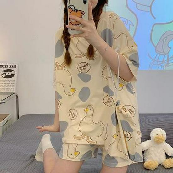 Women's Plus Size Summer Cartoon Pajama Set - Cute Donald Duck Short Sleeve Homewear